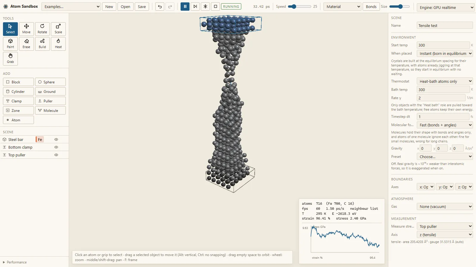 A column of grey iron atoms stretched between a blue puller and a clamp, narrowing in the middle, with a stress-strain graph in the corner
