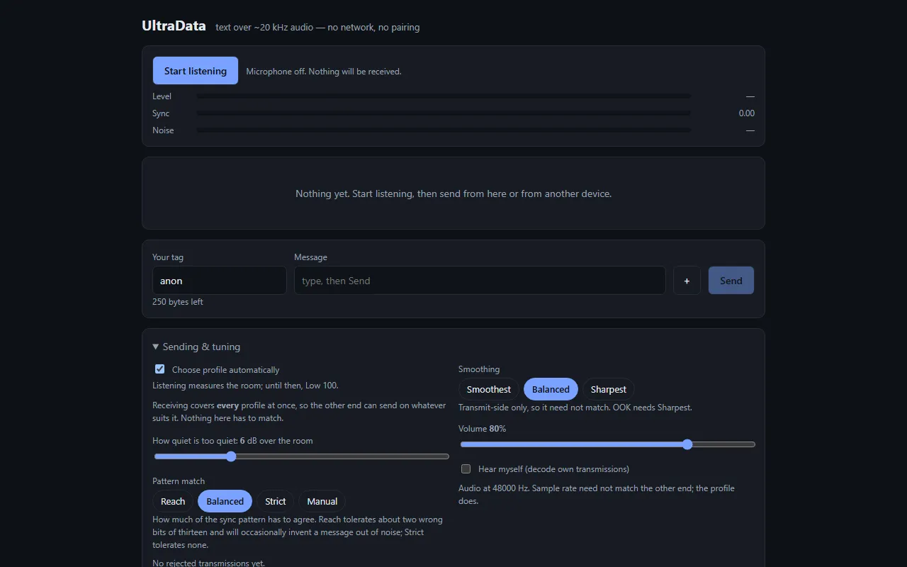 UltraData web app with listening level meters and a message box
